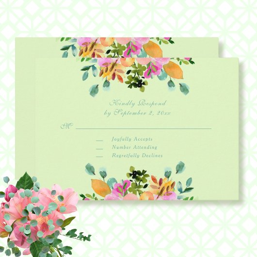 Carte Aquarelle Mint vert rose rose Floral Mariage RSVP