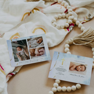 Carte Aquarelle moderne Baptême bleu et or