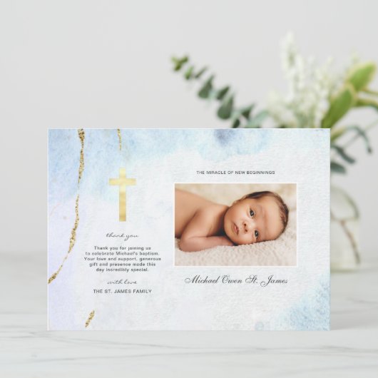 Carte Aquarelle moderne | Baptême bleu et or (Debout devant)