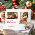 Carte Aquarelle moderne Noël Botanique à deux photos<br><div class="desc">Deux modèle photo modernes et propres,  avec des botaniques de Noël aquarellées et des éclats d'or subtils.</div>