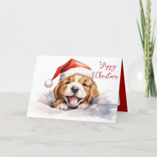 Carte Aquarelle Noël Chiot avec Casquette