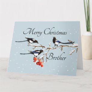 Carte Aquarelle Noël Holly Magpie Bird Brother