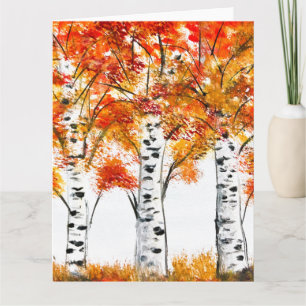 Carte Aquarelle Oiseaux Arbres Automne Orange Feuille