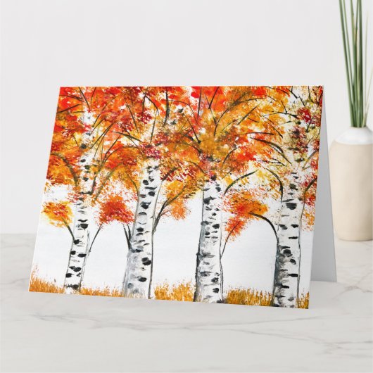 Carte Aquarelle Oiseaux Arbres Automne Orange Feuille (Devant)