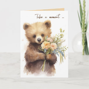 Carte Aquarelle Ours Brown Avec Bouquet Fleur