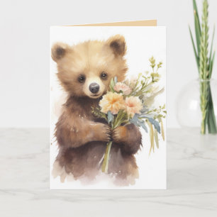 Carte Aquarelle Ours Brown Avec Fleurs