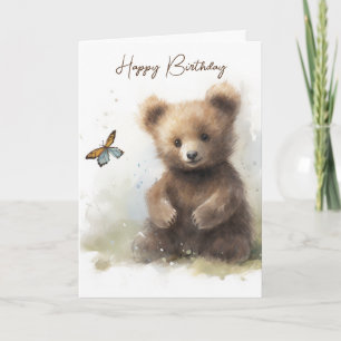 Carte Aquarelle Ours D'Anniversaire Avec Papillon