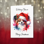 Carte Aquarelle Papillon Cute Noël personnalisé<br><div class="desc">Une jolie aquarelle illustrant un chiot Papillon avec un chapeau de Père Noël sur une carte de Noël personnalisée. Vous pouvez ajouter (ou supprimer) votre nom à l'intérieur de la carte.</div>