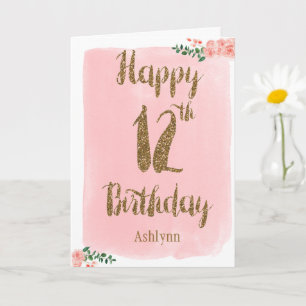 Carte Aquarelle Parties scintillant rose et or 12e anniv