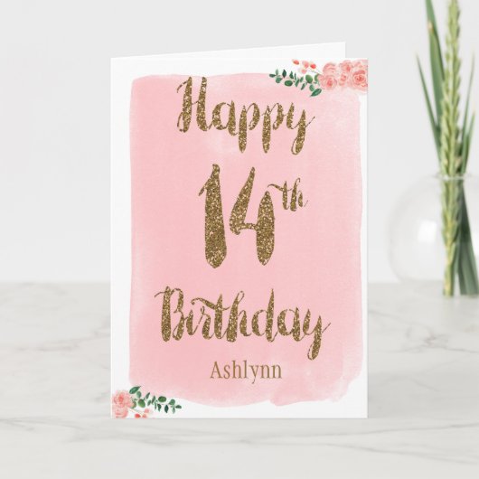 Carte Aquarelle Parties scintillant rose et or 14e anniv (Devant)