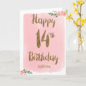 Carte Aquarelle Parties scintillant rose et or 14e anniv (Fleur jaune)
