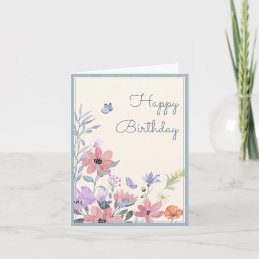 Carte Aquarelle pastel fleurs papillon anniversaire (Devant)