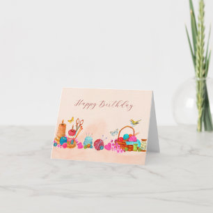 Carte Aquarelle pêche outils de couture art anniversaire