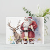 Carte Aquarelle Père Noël sucré avec renne (Debout devant)