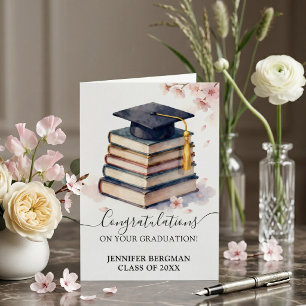 Carte Aquarelle Pile de Livres de Cerisiers en Fleurs po