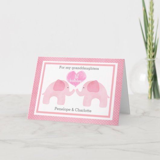 Carte Aquarelle Pink Elephant Twins 1er anniversaire (Devant)