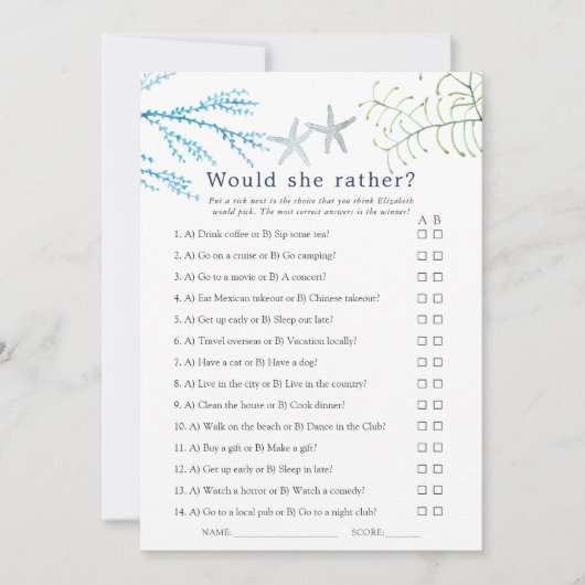 Carte Aquarelle Plage d'algues Jeu nuptial à thème (Devant)