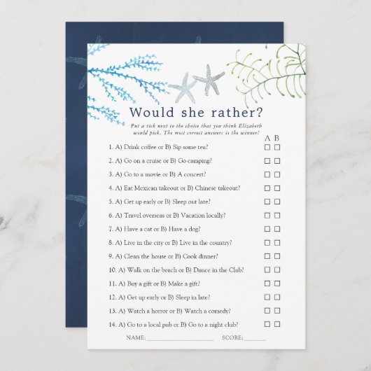 Carte Aquarelle Plage d'algues Jeu nuptial à thème (Devant / Derrière)