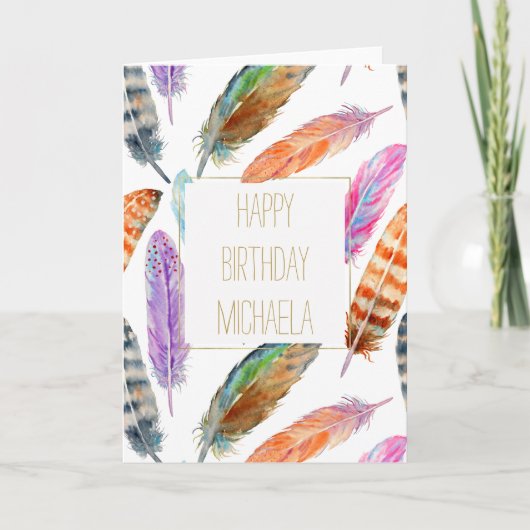 Carte Aquarelle Plumes Anniversaire (Devant)