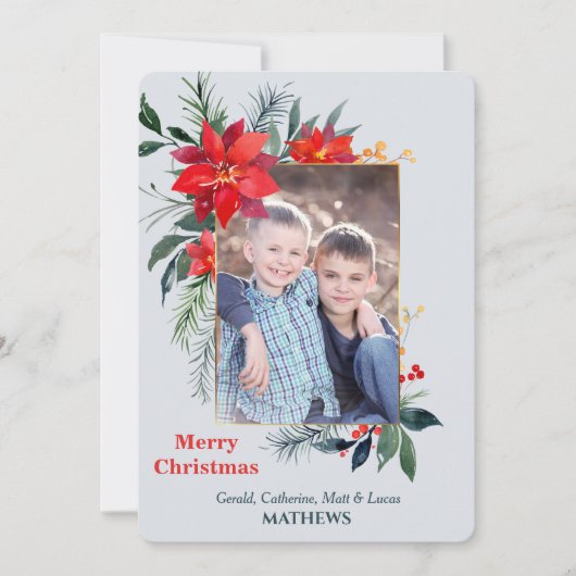 Carte Aquarelle Poinsettia Gold Frame photo verticale (Devant)