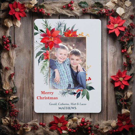 Carte Aquarelle Poinsettia Gold Frame photo verticale