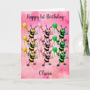 Carte Aquarelle rose Abeilles de miel Joyeux 1er anniver