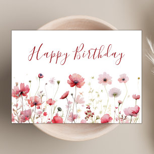Carte Aquarelle rose Boho Fleur sauvage Joyeux anniversa