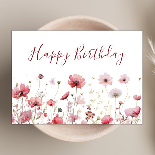 Carte Aquarelle rose Boho Fleur sauvage Joyeux anniversa