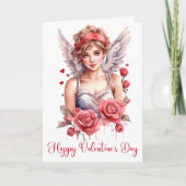 Carte Aquarelle Rose Cupidé Joyeux Valentines Day (Devant)