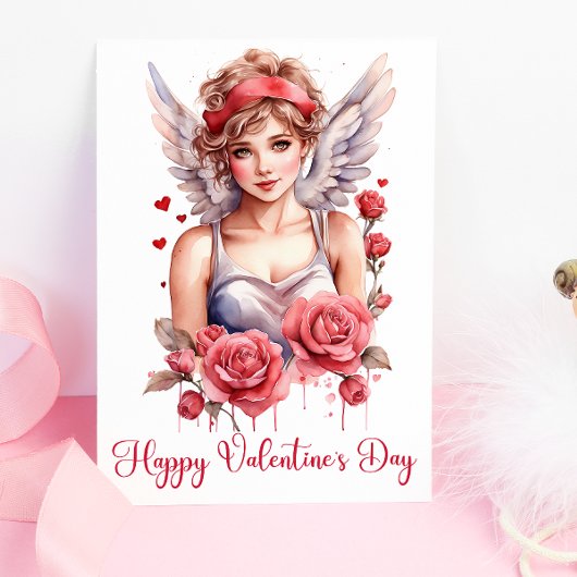 Carte Aquarelle Rose Cupidé Joyeux Valentines Day