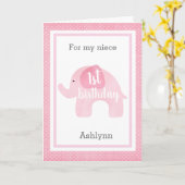 Carte Aquarelle rose Eléphant 1er anniversaire nièce (Fleur jaune)
