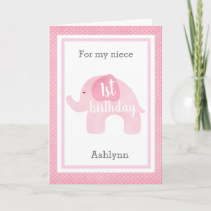Carte Aquarelle rose Eléphant 1er anniversaire nièce