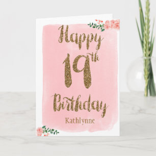 Carte Aquarelle rose et Parties scintillant or 19e anniv