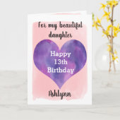 Carte Aquarelle rose et pourpre 13e anniversaire fille (Fleur jaune)