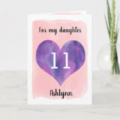 Carte Aquarelle rose et violet 11e anniversaire Fille (Devant)
