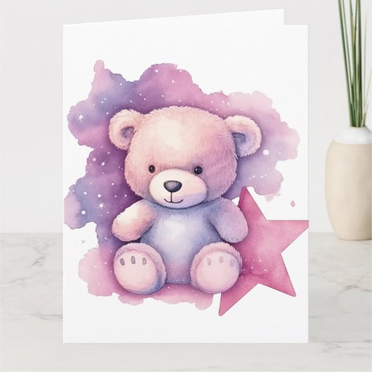Carte Aquarelle rose étoile Teddy Bear (Devant)