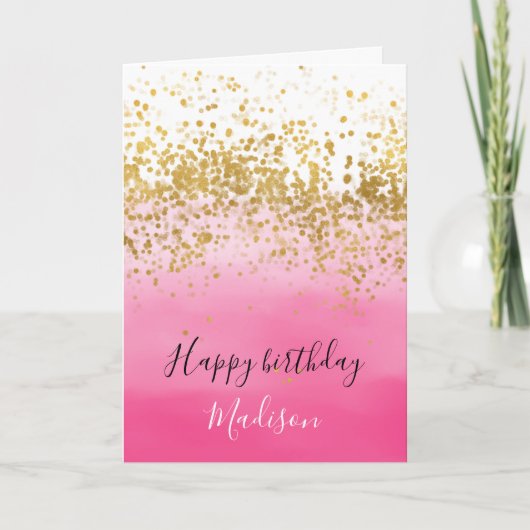Carte Aquarelle rose Fille Ombre Gold Confetti (Devant)