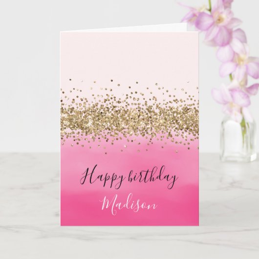 Carte Aquarelle rose Fille Ombre Parties scintillant or  (Orchidée)