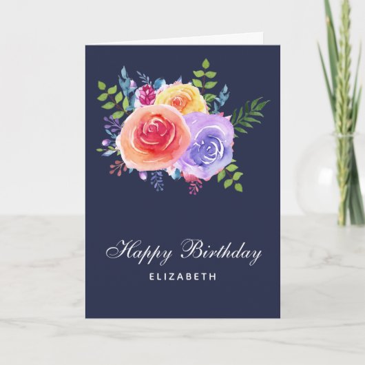 Carte Aquarelle Rose Floral Bouquet Anniversaire (Devant)