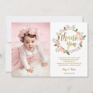 Carte Aquarelle rose Floral Or Merci d'anniversaire