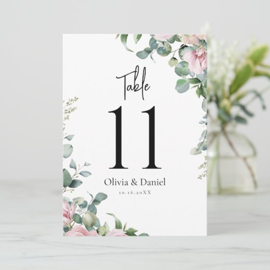 Carte Aquarelle rose Mariage floral Numéros de tableau (Debout devant)