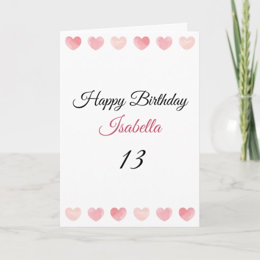 Carte Aquarelle rose mignonne Coeur 13e anniversaire (Devant)