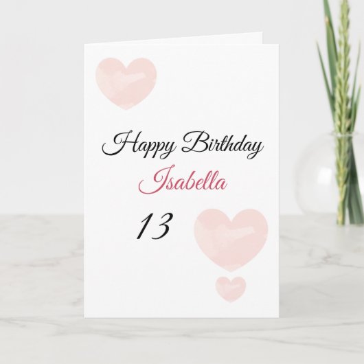 Carte Aquarelle rose mignonne Coeurs peints 13e annivers (Devant)