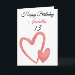 Carte Aquarelle rose mignonne Double Coeur 13e anniversa<br><div class="desc">Aquarelle rose mignonne Double Coeur 13e anniversaire, un design d'anniversaire mignon fait pour toute petite-fille. Si vous cherchez de jolies cartes d'anniversaire de petite-fille, des cartes d'anniversaire d'adolescent ou des cartes d'anniversaire de treizième, celle-ci est pour vous. Le design comporte quelques coeurs d'aquarelle mignonnes, quelque chose d'attrayant et beau, alors...</div>