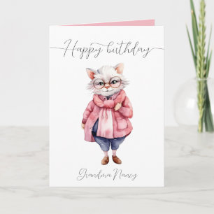 Carte Aquarelle rose mignonne Vieux Mamie Chat Joyeux An