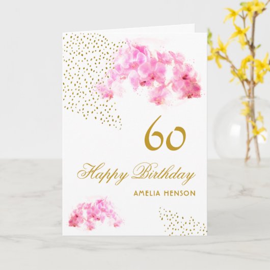 Carte Aquarelle rose orchidée Parties scintillant or 60e (Fleur jaune)