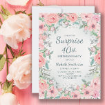 Carte Aquarelle rose perles Roses florales 40e anniversa<br><div class="desc">Surprise 40e anniversaire invitations personnalisées conçu avec élégante aquarelle rose vif floral,  verdure et perles. Le texte est entièrement personnalisable,  donc concevoir ces invitations pour n'importe quel âge.</div>