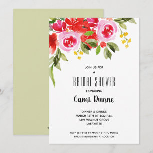Carte Aquarelle rose rouge Fête des mariées florale Invi