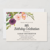 Carte Aquarelle rose violet 18e anniversaire Floral (Devant)