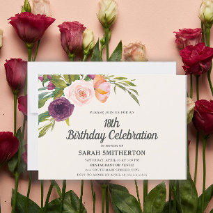 Carte Aquarelle rose violet 18e anniversaire Floral
